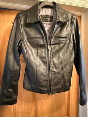 GUESS Black Leather Zip-Front Women's Jacket